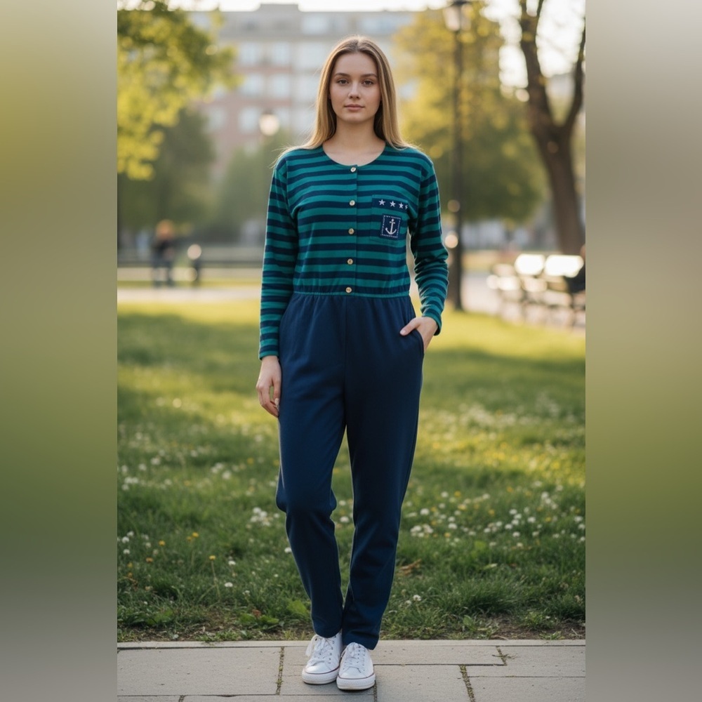 Vintage Hang Ten Jumpsuit Size M Nautical Anchor Stripe One Piece Elastic Waist